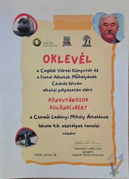 Könyvtárosok különdíját nyerte a 4.b osztály